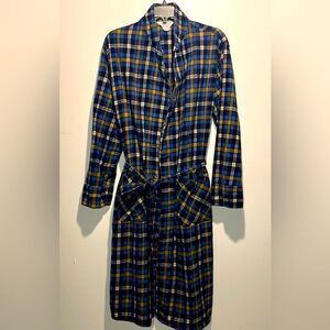 Harcourt- Vintage Style Blue Yellow Plaid Robe Tie Pockets 100% Cotton- Size M